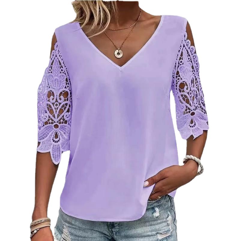 Spot cross-border Amazon Europe and the United States summer new casual sweet solid color V-neck lace half sleeve women's T-shirt