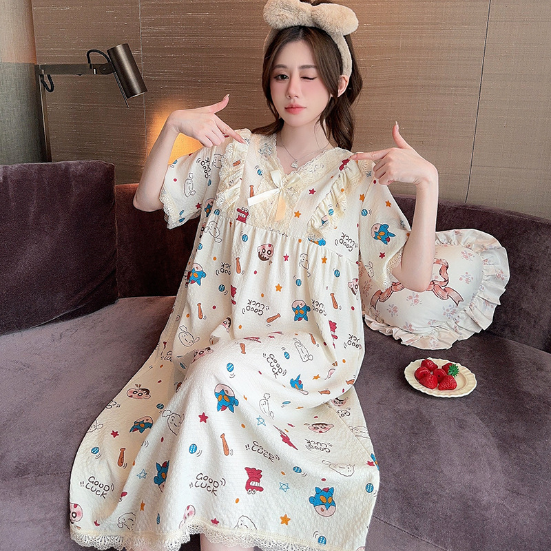 Summer Nightgown Women's Cute Cartoon Ins Princess Style Short-sleeved Mid-length Nightgown Plus Fat Plus Big Fat Women's Home Clothes