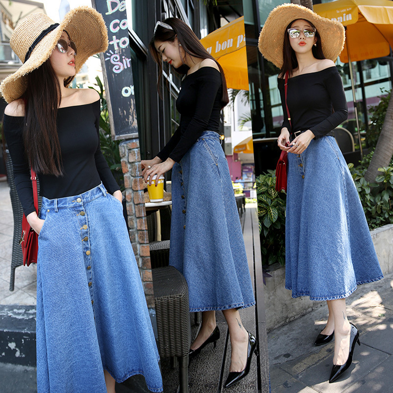 2023 Spring and Summer New Korean Style Loose Single-breasted Slim-fit High Waist Skirt Large Swing Umbrella Skirt Denim Long Skirt