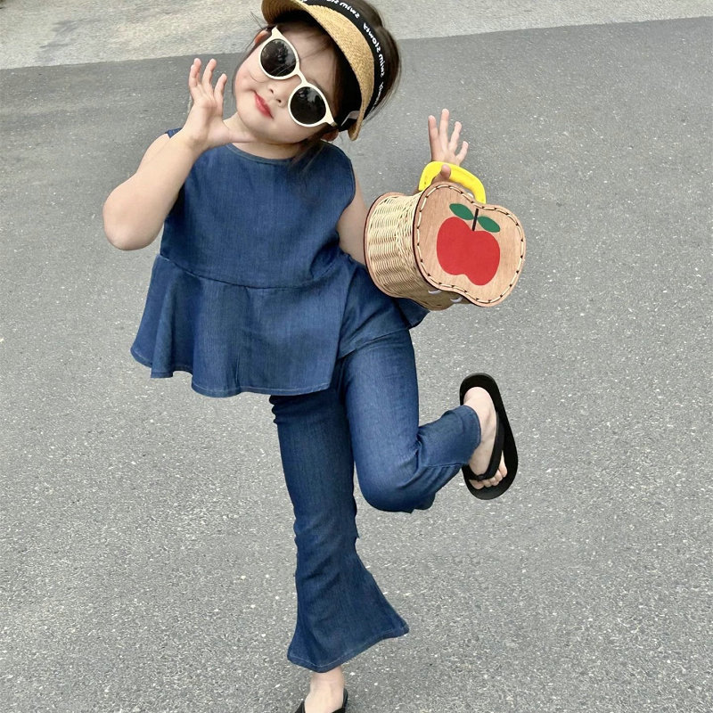 Girls' suit single-breasted Denim top plus flared pants 2024 Summer new foreign trade children's clothing Generation 3-8 years old