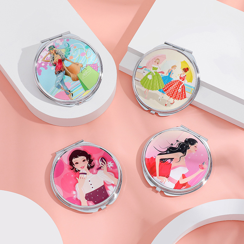 Portable Small Round Mirror Color Printing Sticker Dressing Mirror Portable Folding Double-Sided Simple Beauty Makeup Mirror Princess Fashion Travel