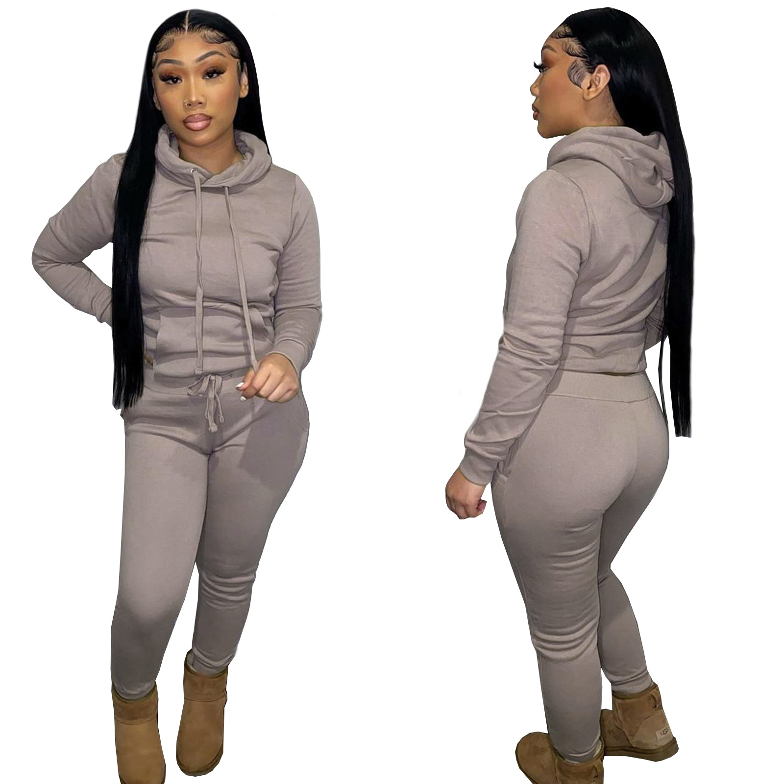 HR8197 European and American women's clothing  independent station supply autumn and winter plus velvet drawstring hooded two-piece set_voghion.com