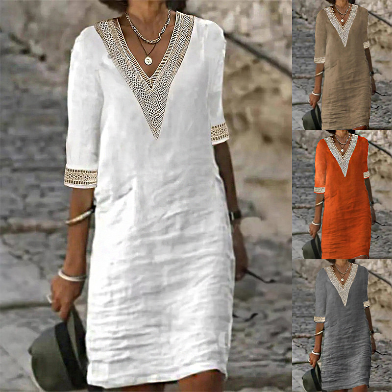 2023 European and American Amazon Independent Station Autumn New Solid Color V-neck Sleeve Cotton and Linen Elegant Elegant Dress for Women