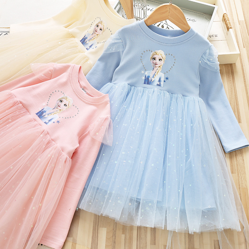 Girls' dress 2025 Autumn and Winter Baby Cotton Long Sleeve Mesh Dress Little Girl Star Princess Elsa Dress