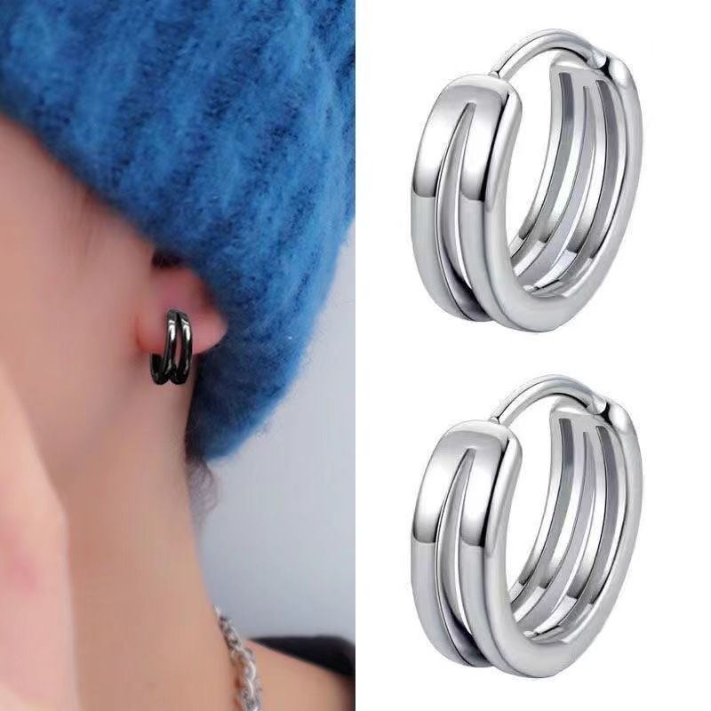 Double-ring Hollow-out Ear Buckle Men's Fashionable Simple Internet-famous Single Earrings for Boys Geometric Double-ring Ear Ring Distressed Ear Jewelry