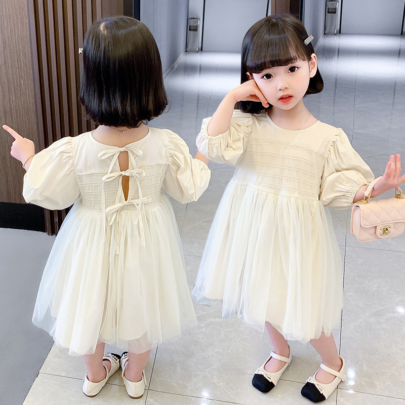 女童泡泡袖網紗連衣裙2024春季新款女寶寶洋氣時尚公主裙中小兒童