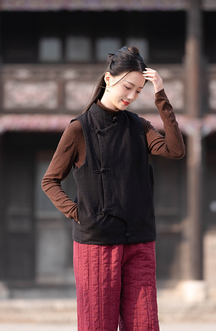 23 cotton and linen women's clothing New National style vintage buckle cotton vest top women's sand wash linen quilted warm vest_voghion.com