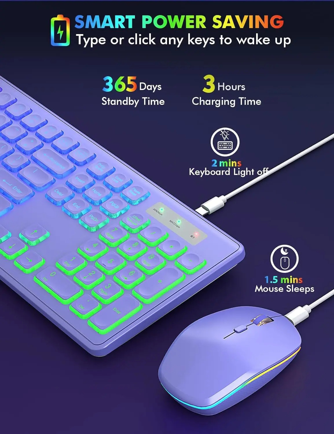 Backlit 2.4G Wireless Keyboard Mouse Combo Rechargeable RGB Full Size Ergonomic Tilt Angle Keyboard