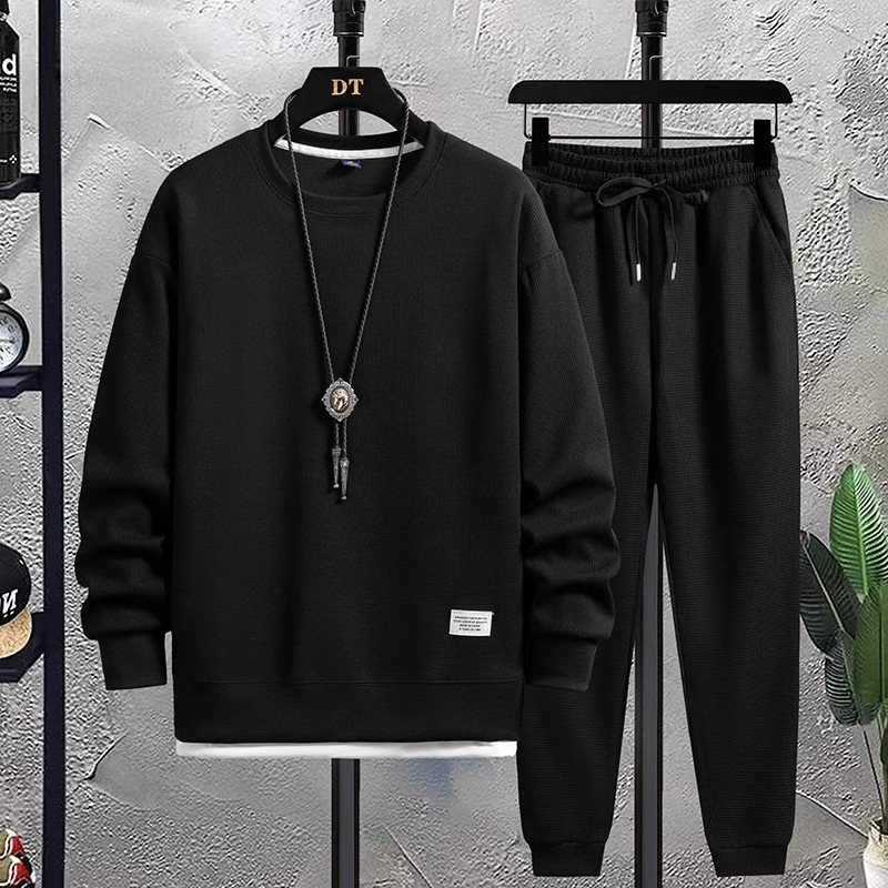 2023 trendy brand waffle fake two-piece sweater men's autumn youth loose round neck long sleeve T-shirt men's wholesale