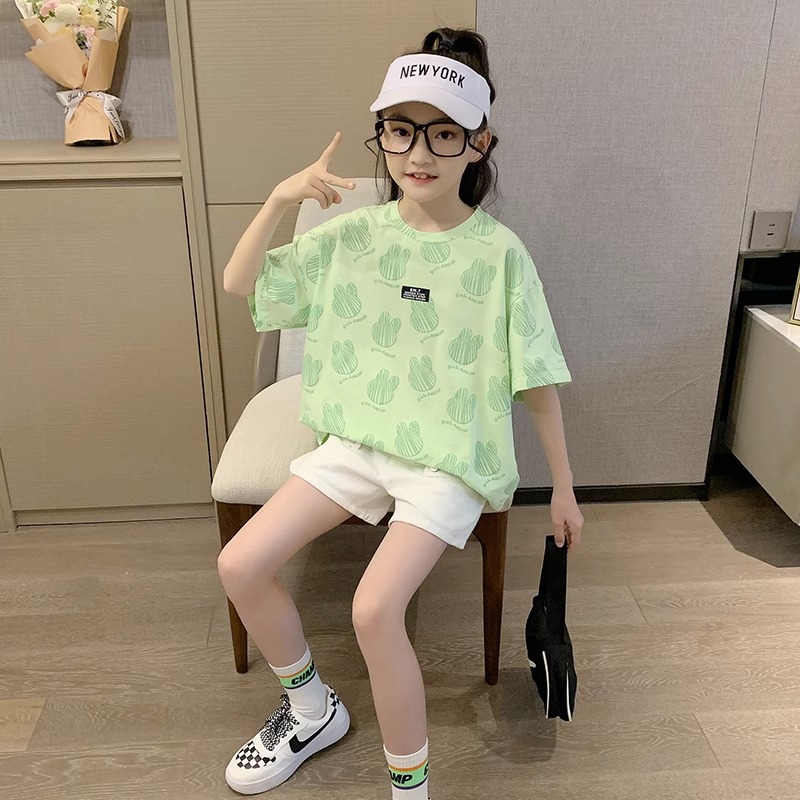 Girls' Short-sleeved T-shirt Summer 2024 New Korean Style Children's Big Children's Thin Fashionable Western Style Top Children's Fashion Brand