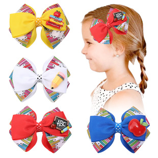 Cross-border Hot-selling Children's Bow Hairpin Back-to-school Season Kindergarten Headwear Cartoon Pencil Rib Ribbon Hairpin