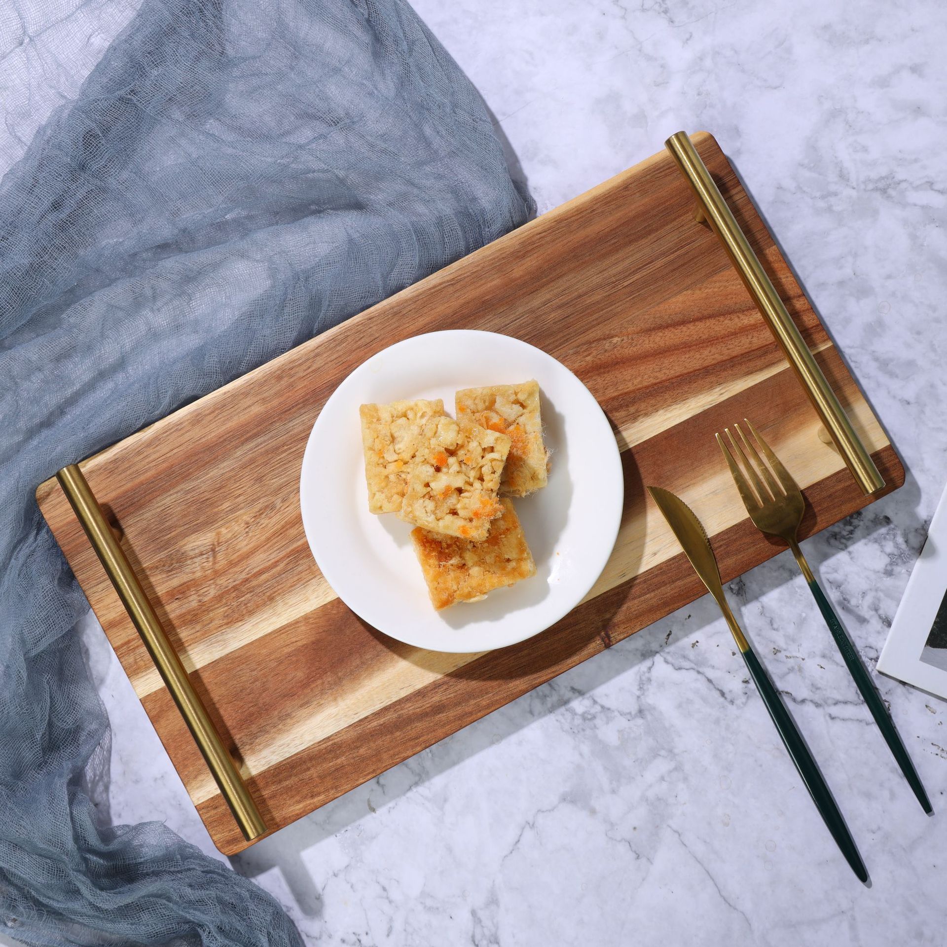Acacia Wooden Tray with Metal Handle Restaurant Hotel Sushi Plate Household Dinner Plate Cake Dessert Afternoon Tea Tray