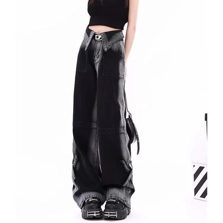 American design color matching striped hot girl wide leg jeans women's 2024 retro niche loose jeans ins