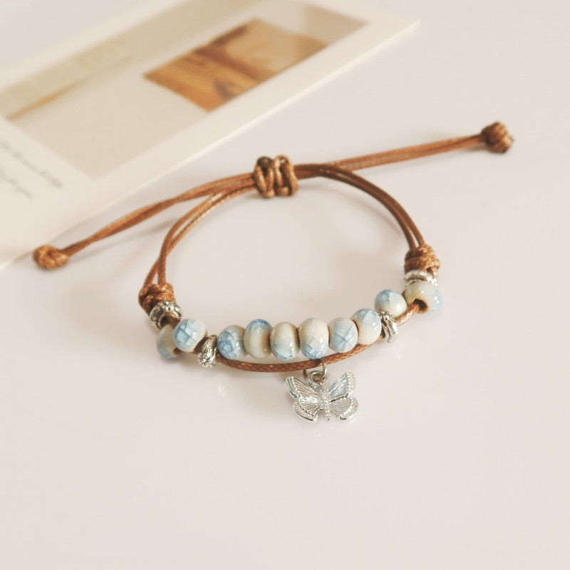 Vintage Ethnic Style Braided Ceramic Butterfly Bracelet Chinese Element Artistic Student Hand Rope Jewelry