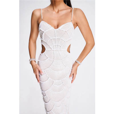 Cross-border new foreign trade hot White Pearl sequins dress European and American fashion cut out party dress