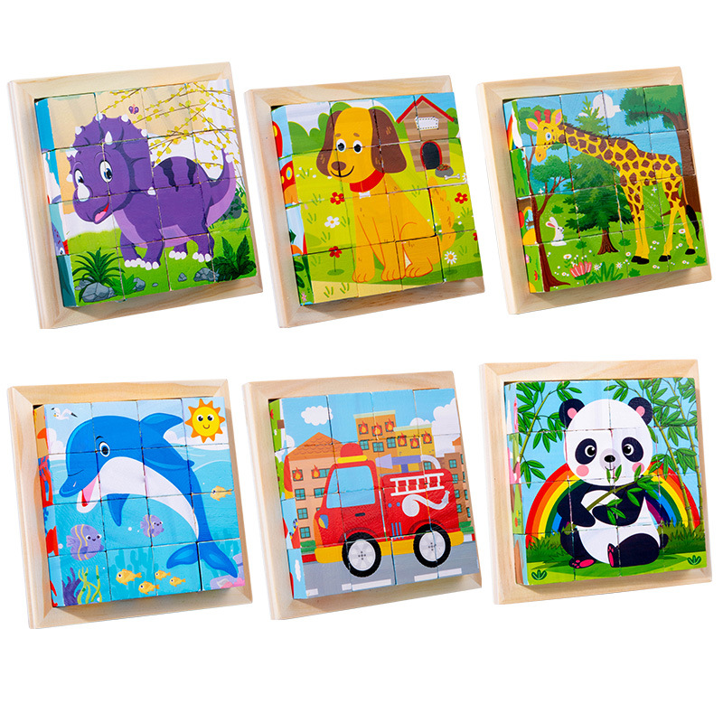 Wooden Six-face Painting Children's 3D Three-dimensional Building Blocks Puzzle Animal Traffic Dinosaur Cognitive Creative Building Blocks Toys