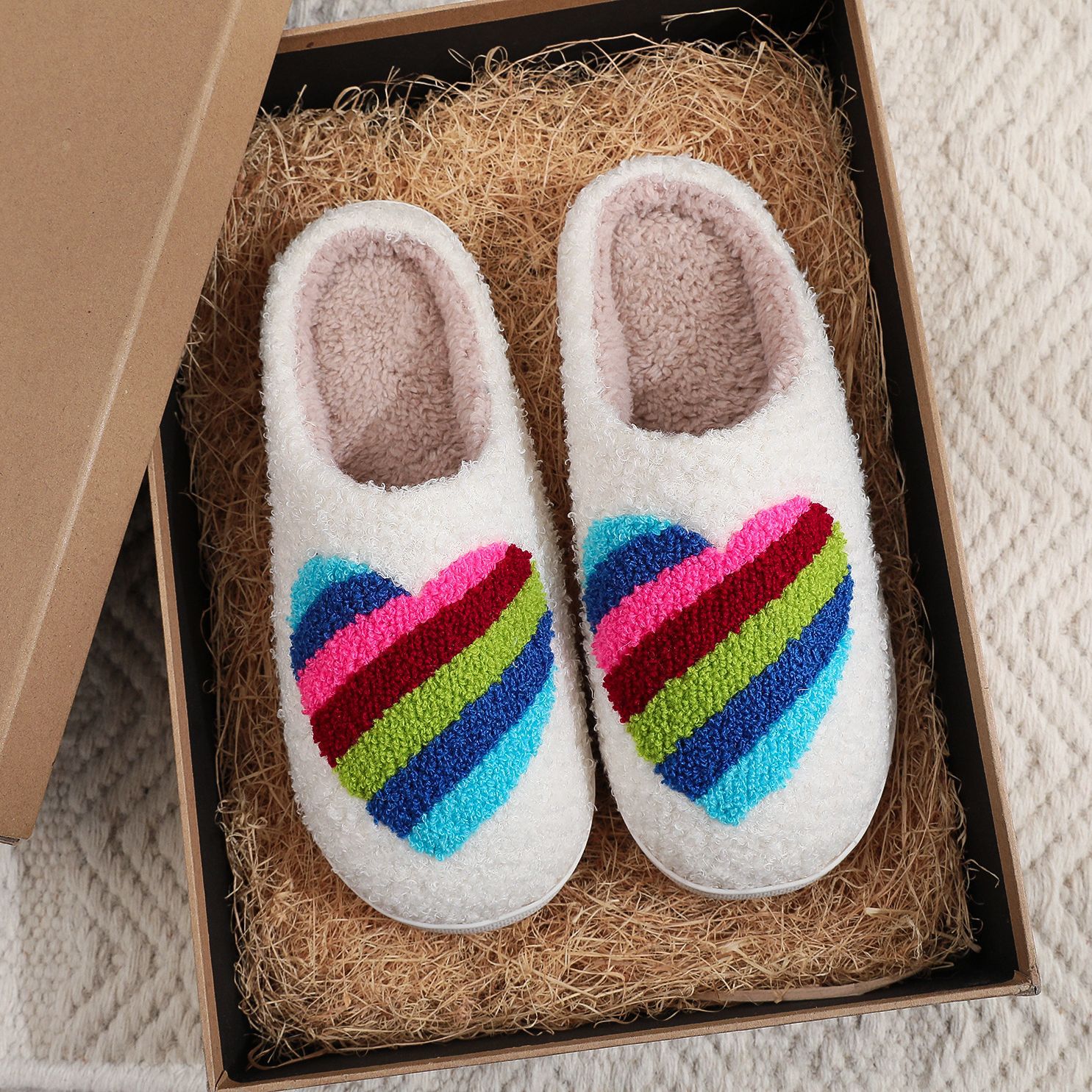 Cross-border mushroom hot winter smiley face peach heart cotton slippers women wholesale indoor home rainbow plush warm slippers