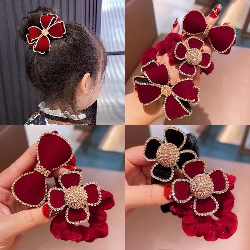 兒童蝴蝶結頭繩紅色絲絨水鑽發圈女童新年發繩髮飾品女孩過年頭飾