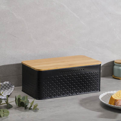 Cross-border Black Bread Box Household Kitchen Fruit and Vegetable Ventilated Metal Storage Jar Square Mesh Bamboo Cover Bread Box