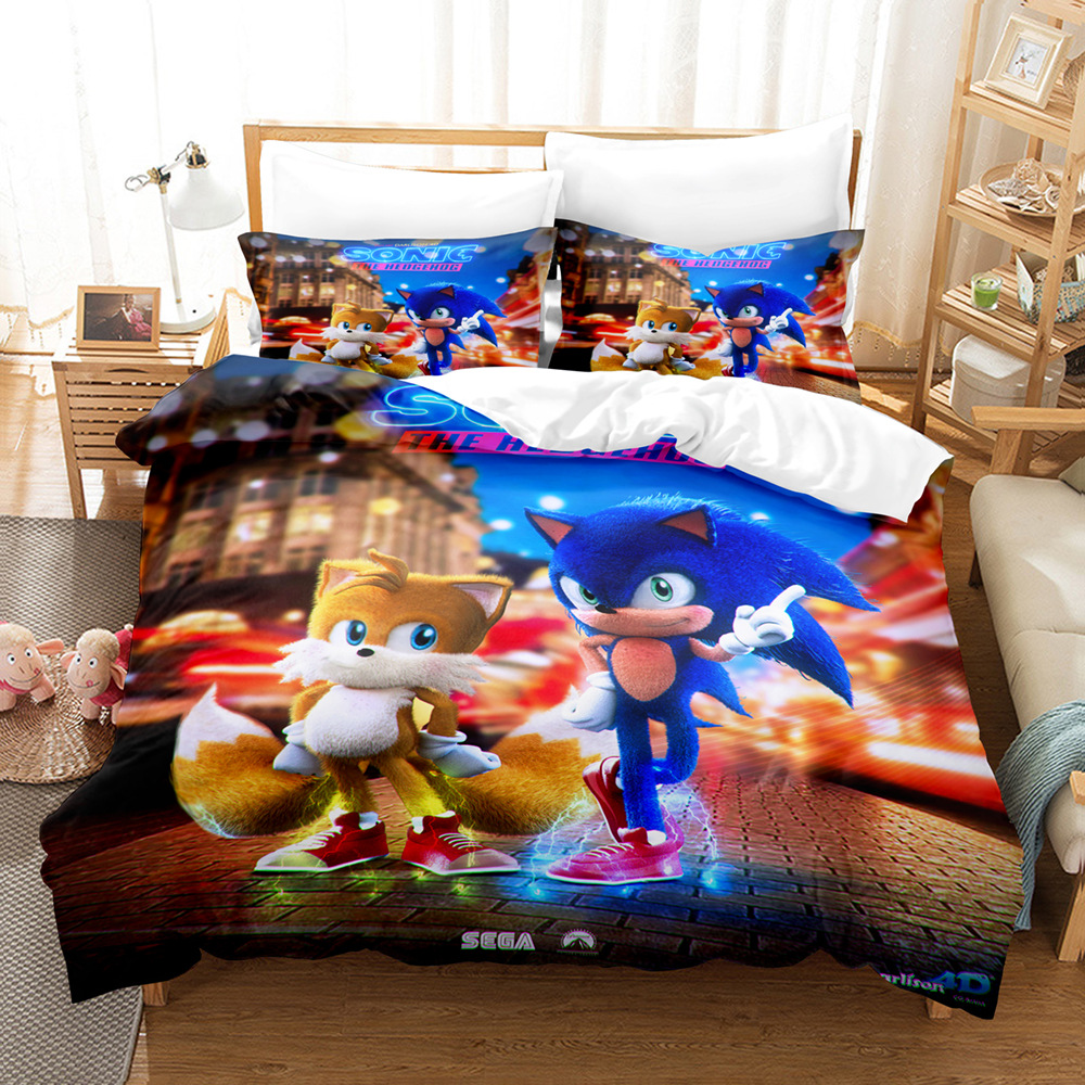 Sonic Sonic Cross-border Cartoon Animation Printed Bed Sheet Quilt Cover Three-piece Set for Drawing and Sample Printing