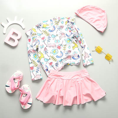 INS Children's Long-sleeved Swimsuit Girl's one-piece sunscreen Cute Baby Middle and Big Boy Korean Children's Girls' Swimsuit