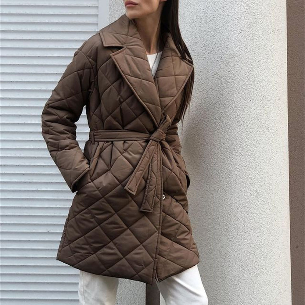 Lapel mid-length cotton-padded jacket 2022 autumn and winter women's clothing new coat fashionable versatile design waist pocket cotton-padded coat women