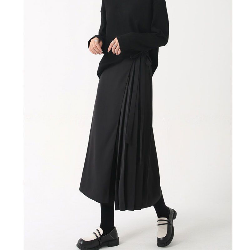 Yamamoto dark draping fake two-piece irregular pantskirt summer pleated loose cropped pants casual wide-leg pants for women