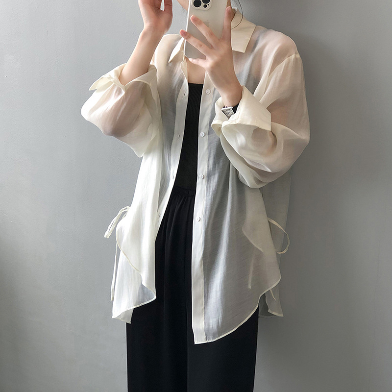 Words Double Strap Design Sense Shirt Women's 2024 Summer New Korean Style Shirt Lightweight Loose Sun Protection 3117