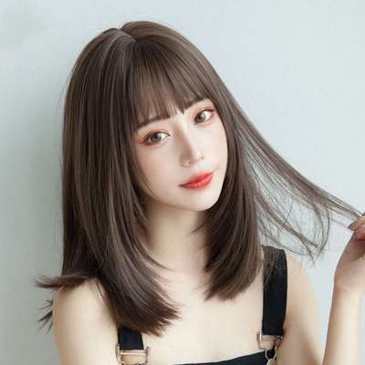 Wig women's long hair full head realistic collarbone short straight hair fashion Natural student round face internet celebrity full top wig set