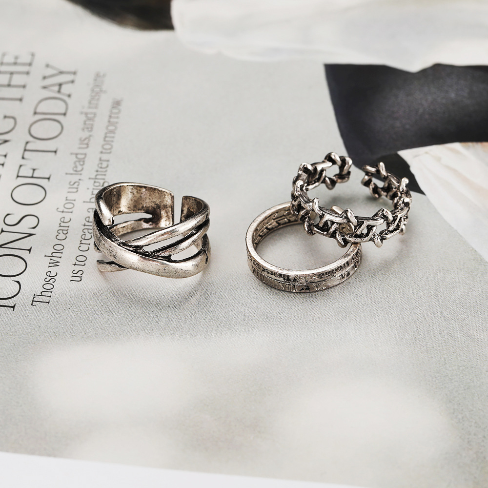 Hip Hop Cold Wind Ring 3-piece Set Personalized Open Finger Ring Six-pointed Star Retro Joint Ring Tail Ring_voghion.com