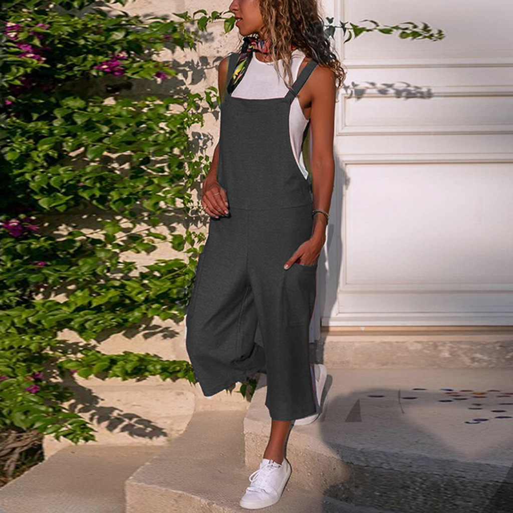 Amazon 2022 Spring and Summer New Color Cotton and Linen Casual Loose Long Wide Leg Jumpsuit Suspenders Women's Pants