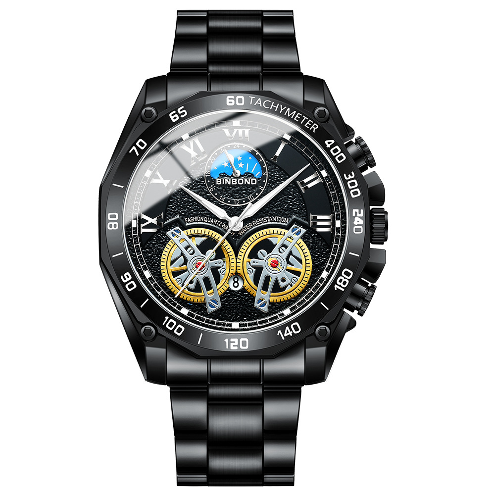 Double tourbillon watch men's non-automatic hollow mechanical watch multi-functional fashion luminous waterproof watch cross-border