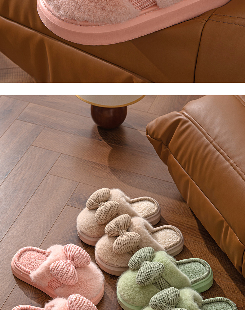 Nuove pantofole di cotone per la casa autunnali e invernali da donna con fiocco, per la casa, al coperto, spesse, in peluche, calde, antiscivolo, in cotone, all'ingrosso_voghion.com