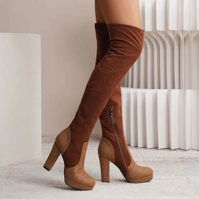 2023 new long shoes women's elastic frosted platform high heel chunky heel over-the-knee boots European and American plus size foreign trade boots