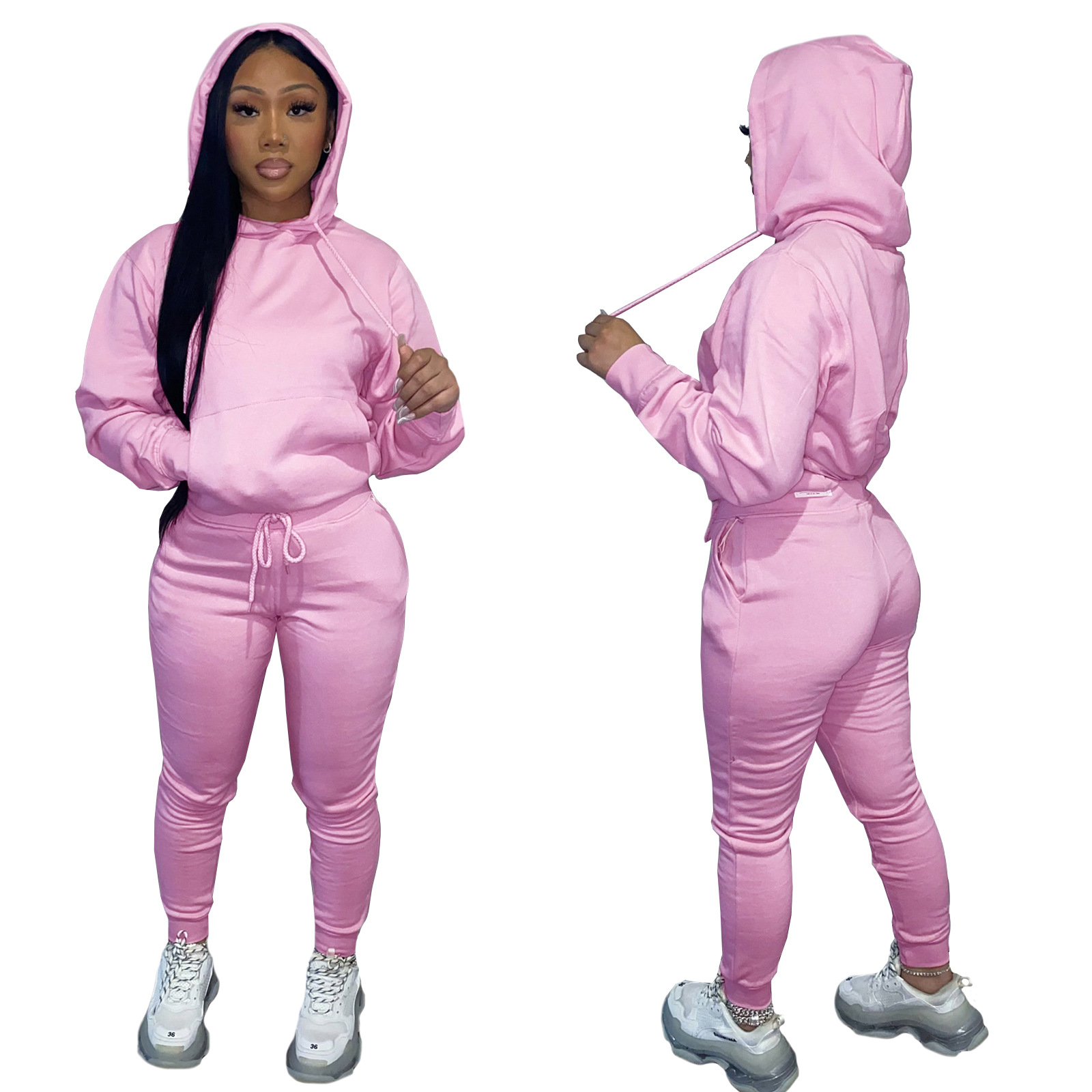 HR8197 European and American women's clothing  independent station supply autumn and winter plus velvet drawstring hooded two-piece set_voghion.com