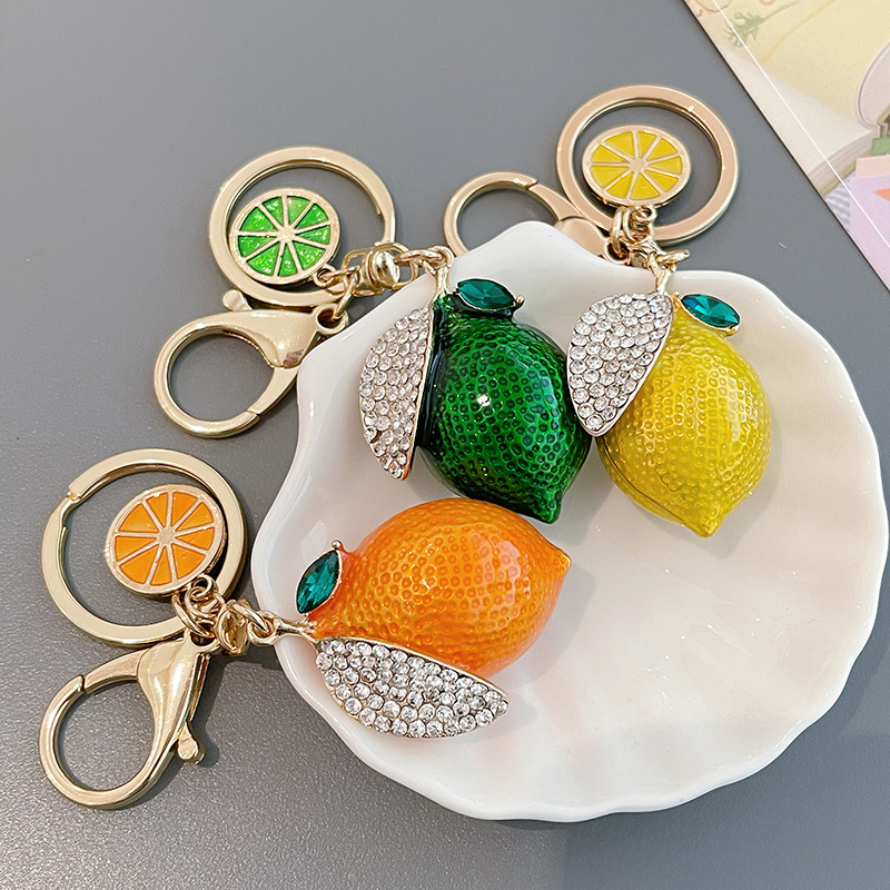 Creative simulation fruit cute rhinestone small lemon car key chain Women's bag pendant key chain cartoon gift