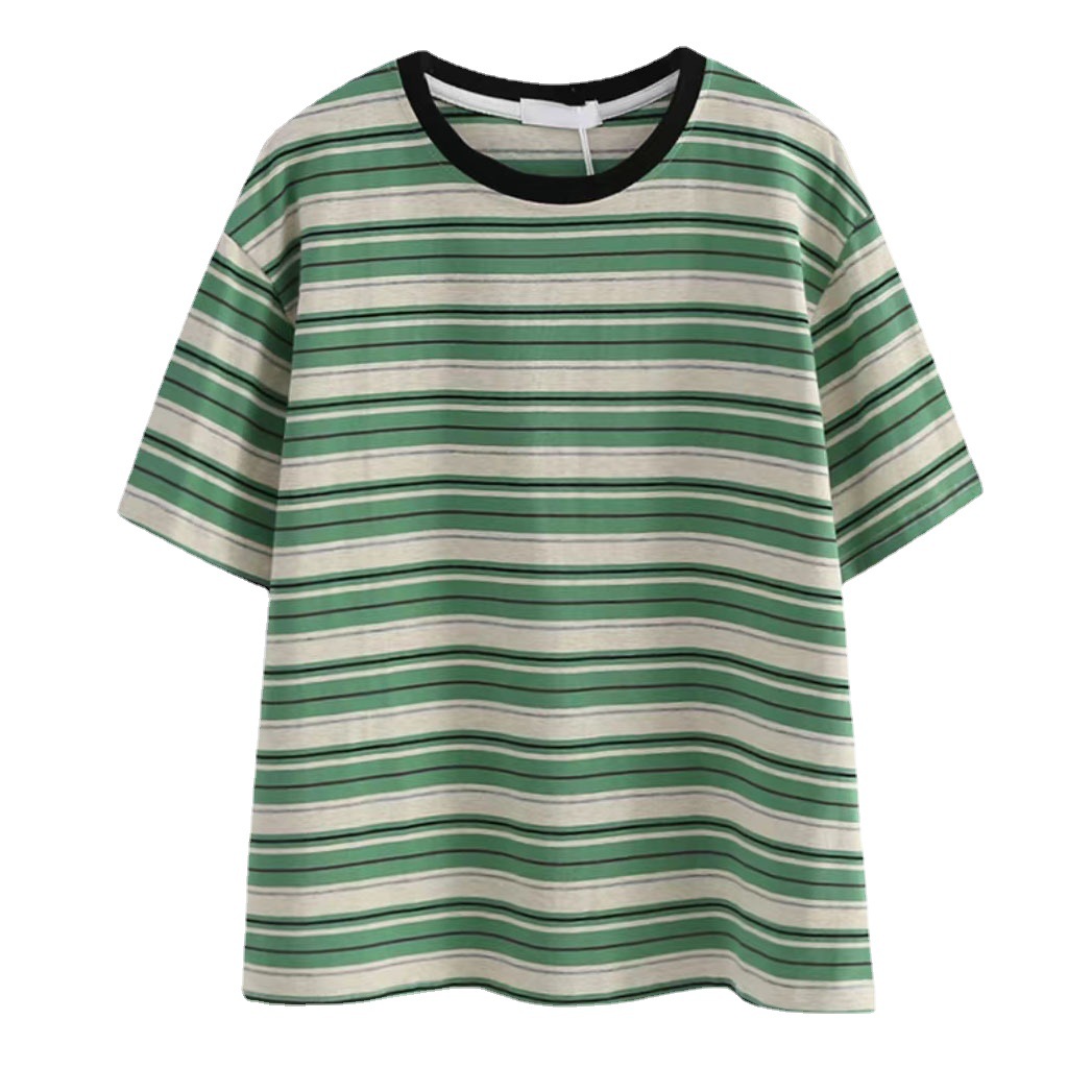 Striped Short-sleeved T-shirt Women's ins Trendy 2023 Summer New T-shirt Korean-style Loose Contrast Color Fresh Cotton Top