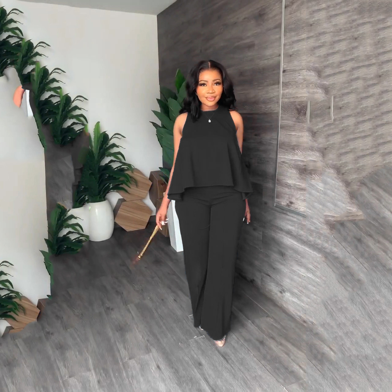 2023 cross-border summer new solid color round neck set sleeveless pullover top elastic waist wide leg trousers two-piece set