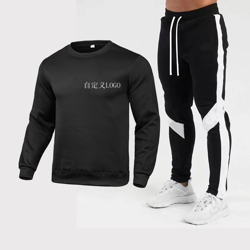 New European and American cross-border autumn and winter foreign trade Men's Round neck warm solid color sweater + trousers sportswear suit