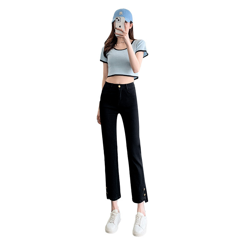 Black Straight Leg Jeans Women's Spring and Autumn 2023 New High Waist Elastic Small Nine-Split Smoke Pipe Pants