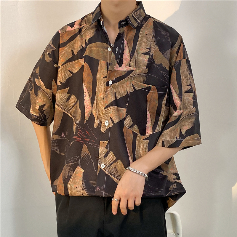 Shirt Men's Summer Thin American Style Retro Printed Short-sleeved Shirt All-match Ins High Street Casual Loose Top Clothes