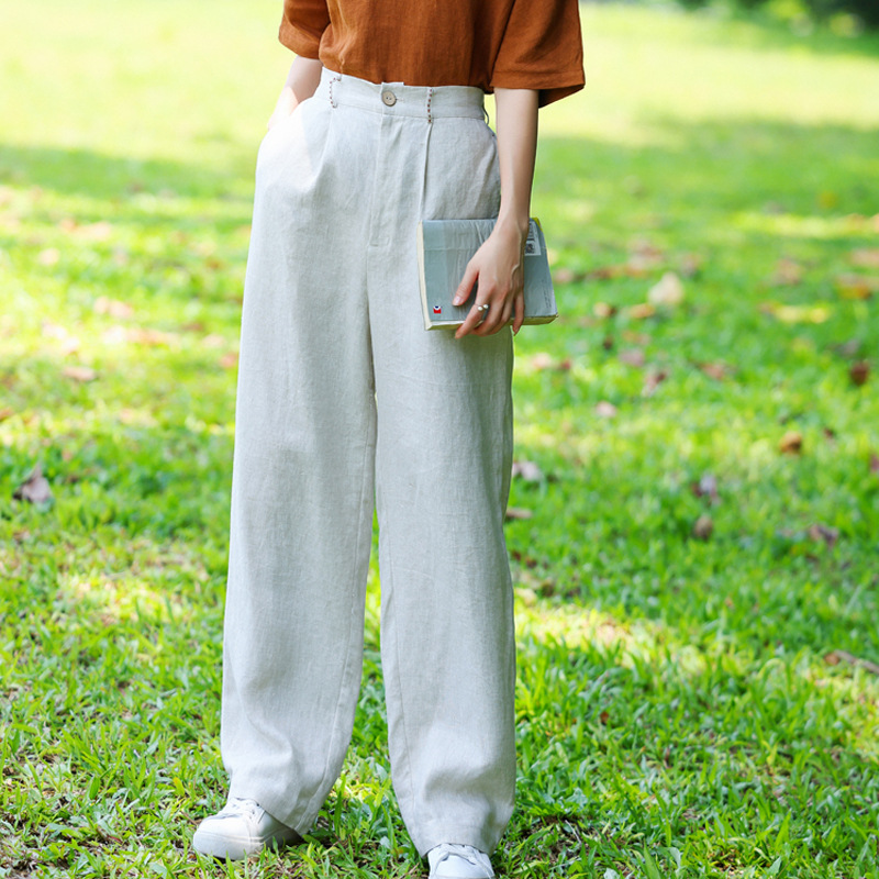 2023 Early Autumn Pure Linen Yarn Wash Thick Semi-elastic Loose Floor-length Trousers Artistic Retro Mid-waist Straight Leg Pants