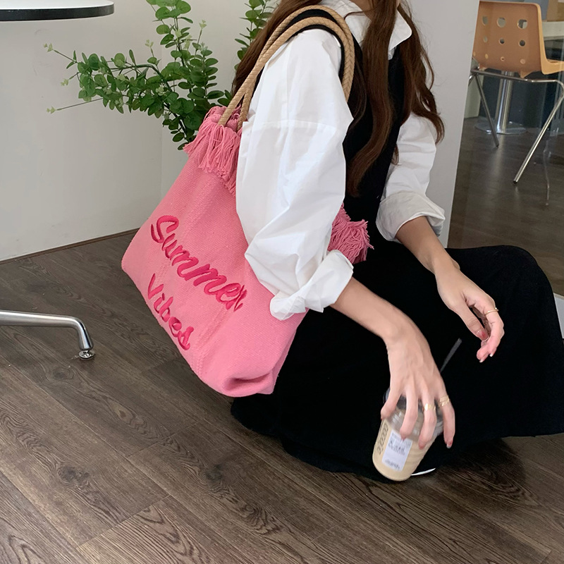 Tassel Canvas Large Capacity Tote Bag Girl's Pink Canvas Bag Women's Summer Handbag Single Shoulder College Student Commuter Bag