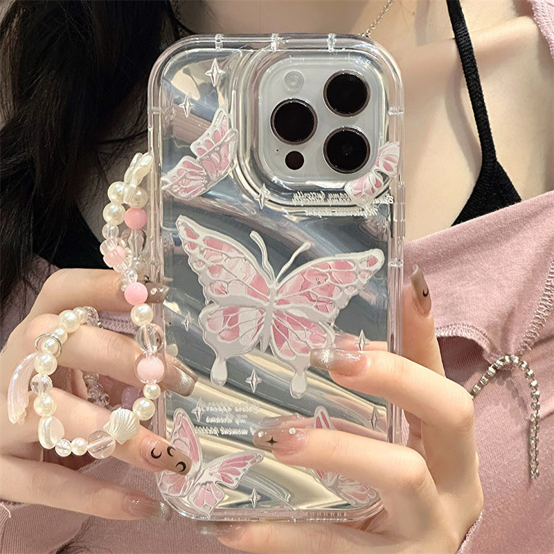 高級甜酷粉蝴蝶適用iPhone15鐳射手機殼13pro小眾x蘋果12全包11