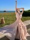 High-end sleeveless V-neck halter dress gentle temperament wooden ear backless seaside holiday beach dress Super fairy