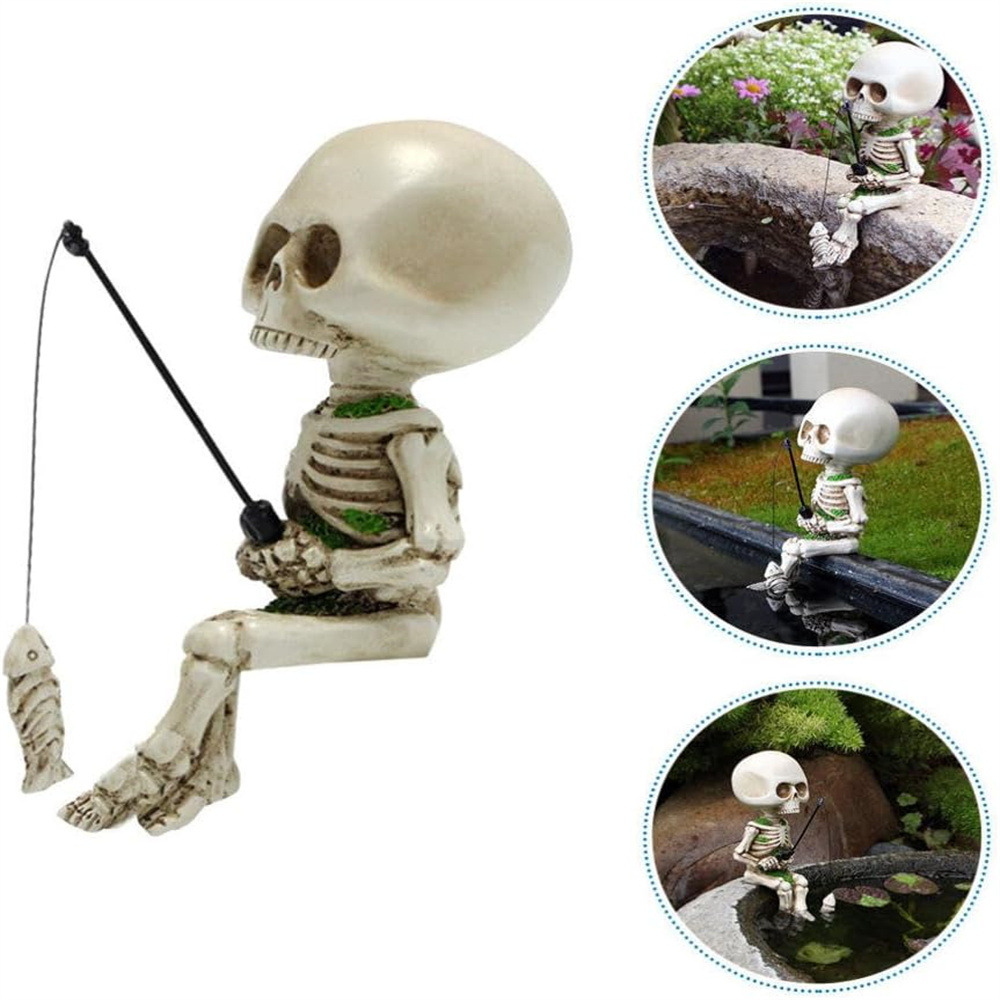 Cross-border Halloween Fishing Skeleton Resin Sitting Posture Ghost Head Horror Atmosphere Ghost Festival Home Furnishing Indoor and Outdoor Ornaments in stock
