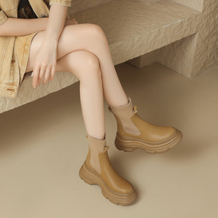 Knitted patent leather socks boots for women 2023 autumn and winter New mid heel platform Martin boots platform slimming short boots for women fashion