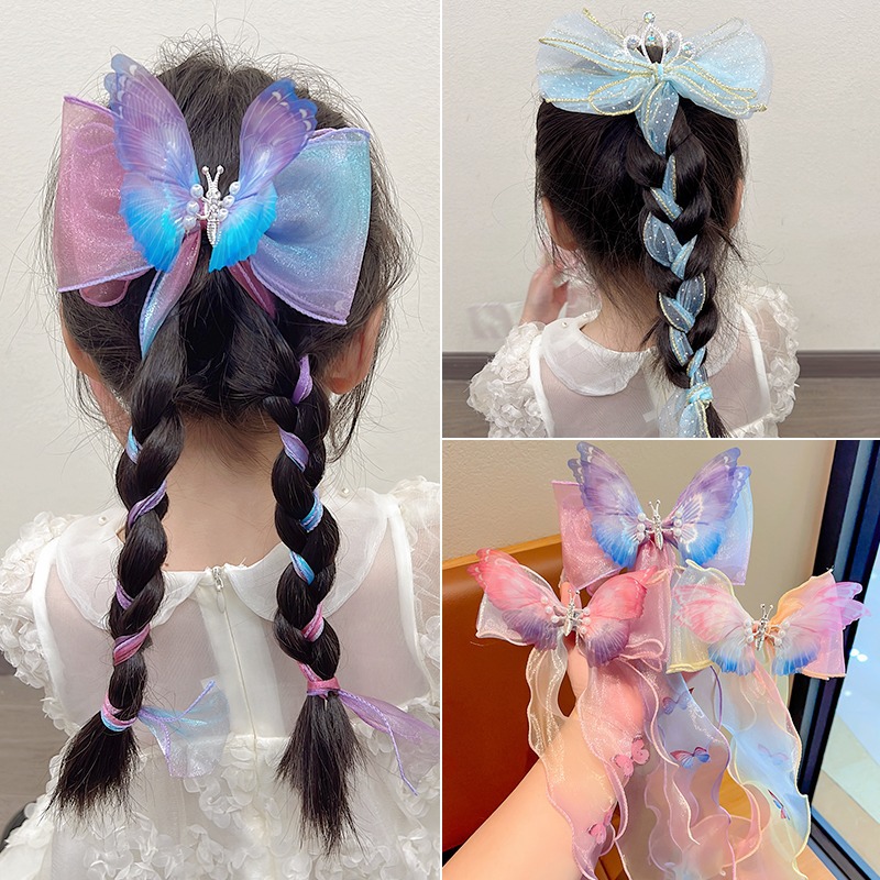 Girls' hair accessories bow ribbon tie hair braiding hairpin movable butterfly wings mesh cute princess headdress