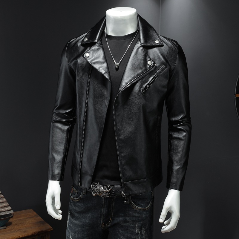 Leather Men's Fashionable Korean Style Handsome Imitation Jacket Vertical Collar Slant Zipper Slim-fit Riding Clothes Motorcycle Jacket Spring and Autumn