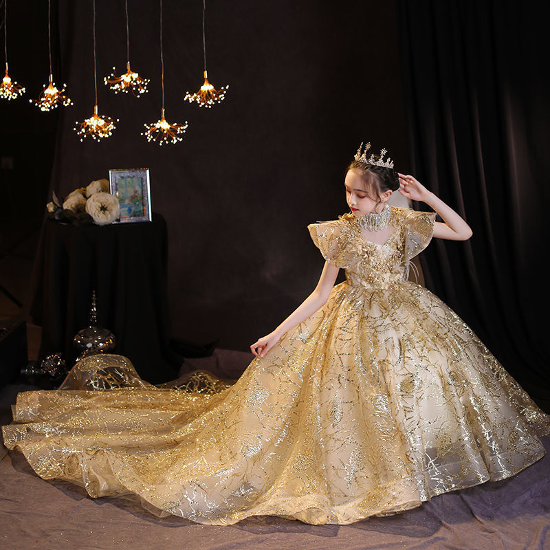 Children's Tail Evening Dress 2024 Summer New Princess Dress Flower Girl's Show Girl's Host Piano Performance Dress